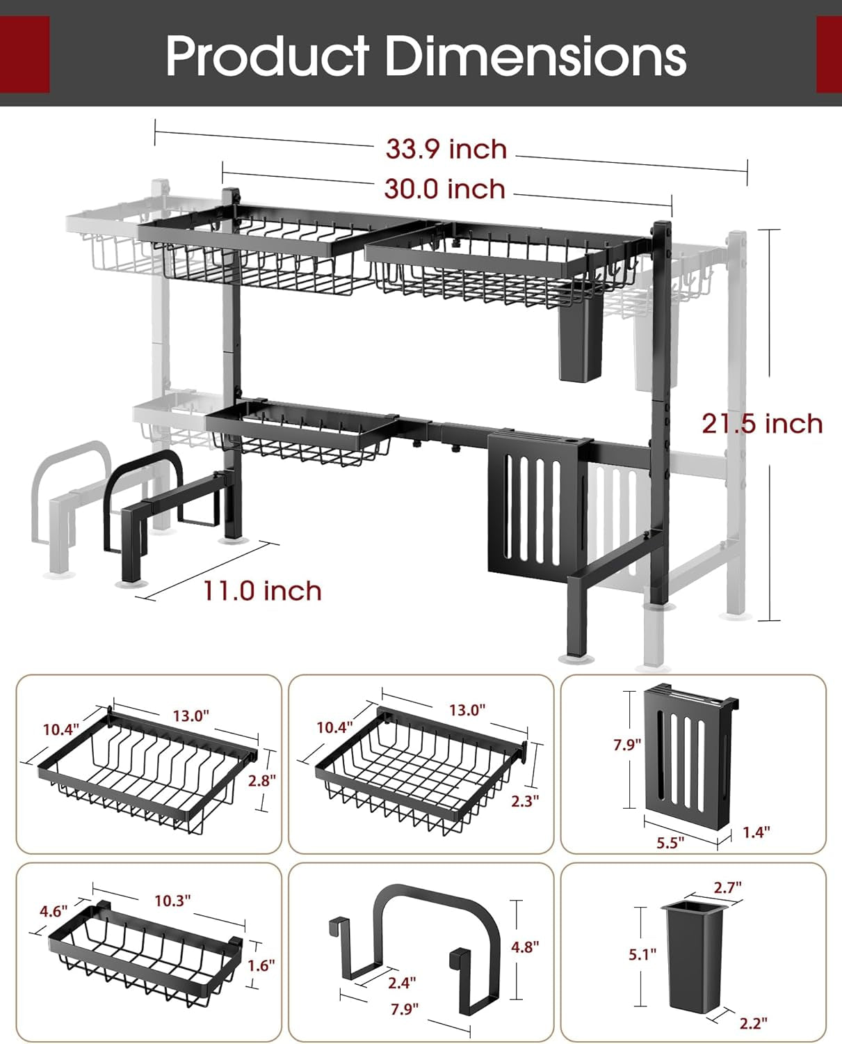 2-Tier Over-Sink Dish Drying Rack – Black