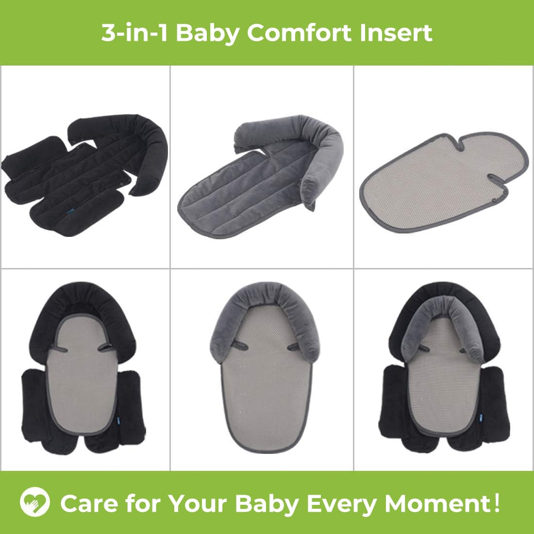 Upgraded 3-In-1 Babybody Support for Newborn Infant Toddler - Extra Soft Car Seat Insert Cushion Pad, Perfect for Carseats, Strollers, Swings, Black