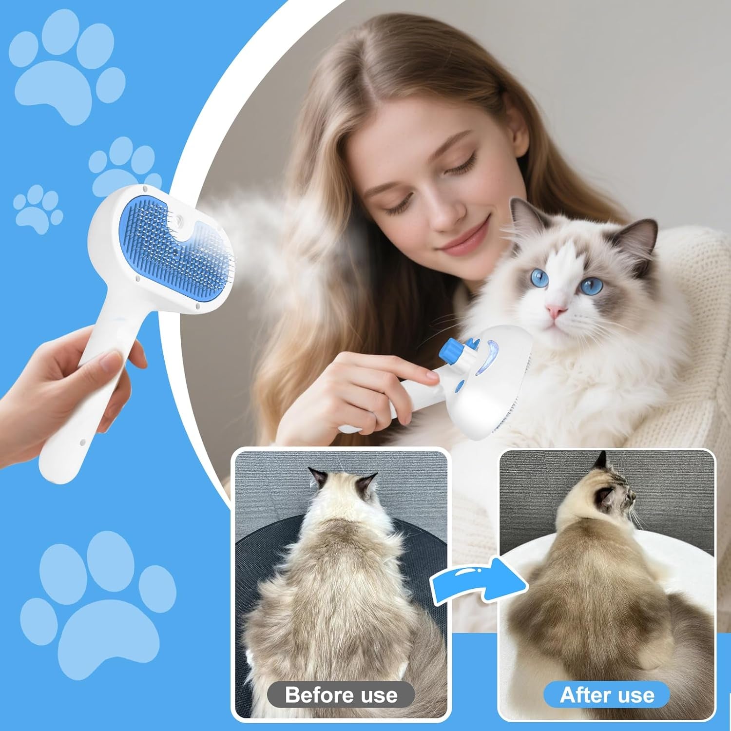 3-in-1 Pet Steam Grooming Brush – Blue