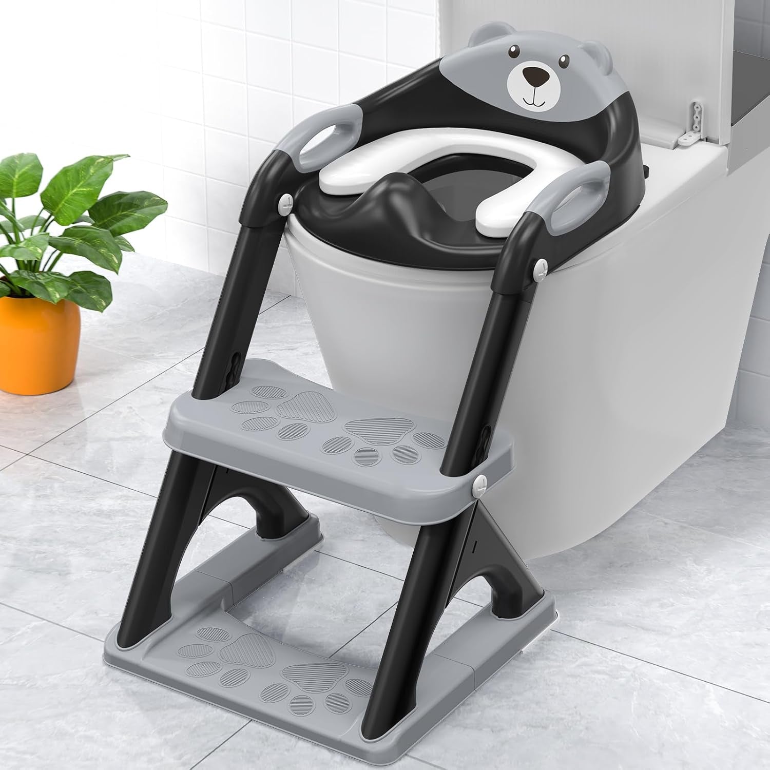 Potty Training Seat ， Potty Training Toilet with Step Stool Ladder, for Kids Boys Girls Toddlers - Comfortable Safe Potty Seat with Anti-Slip Pads Ladder (8898 Black)