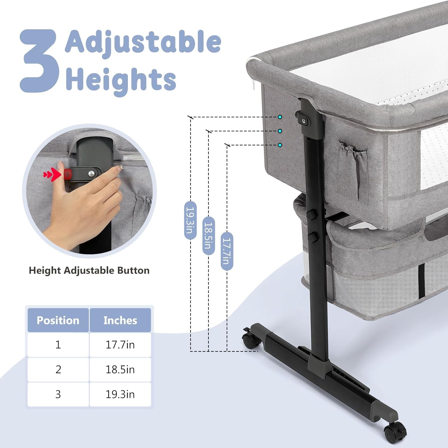 Baby Bassinet, 3 in 1 Bassinets Bedside Sleeper, Adjustable Height Bedside Sleeper with Rocking Mode, Breathable Mesh, Storage Basket, Wheels, Easy Assemble & Folding (Gray)