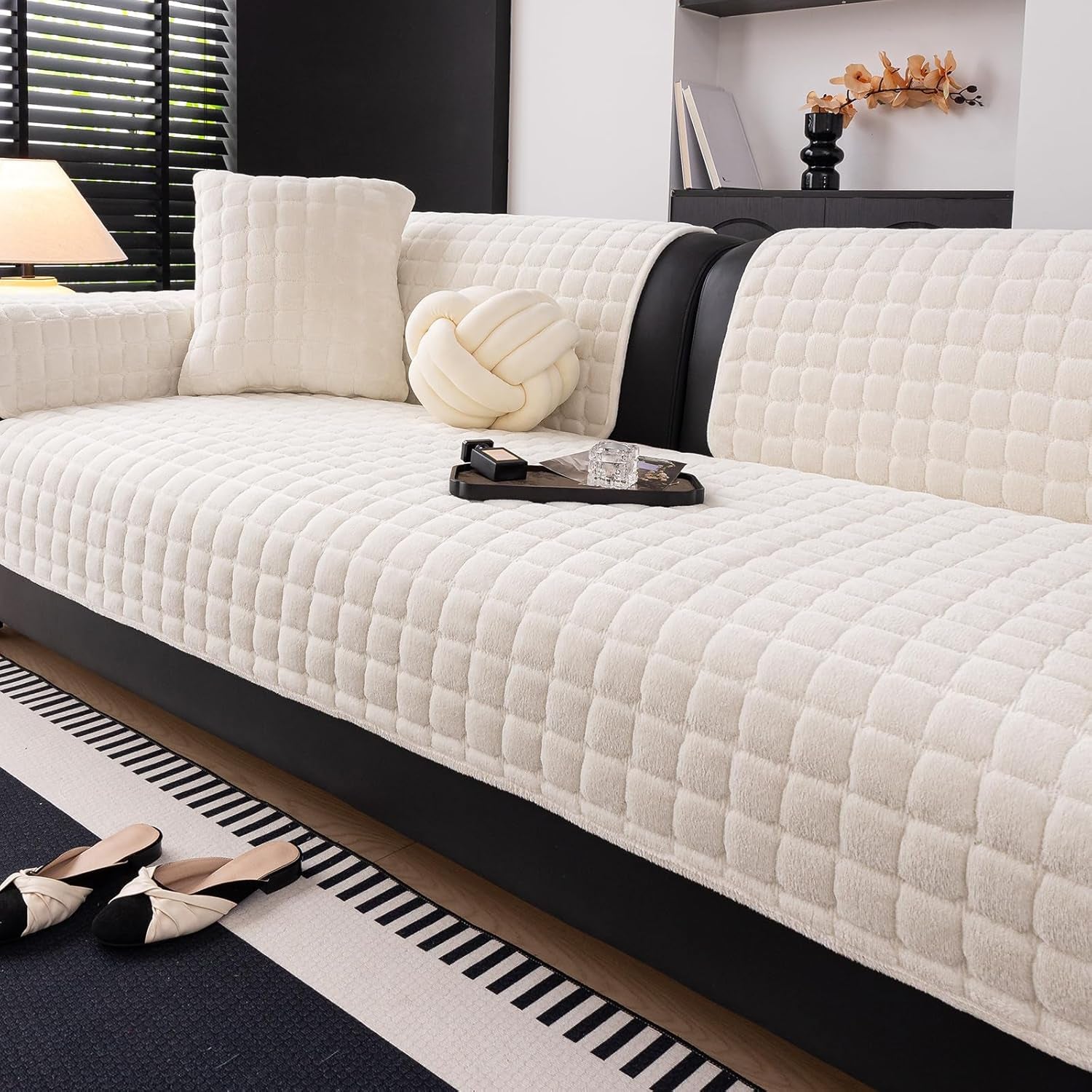 Velvet Sofa Cover – 36×63", Beige White