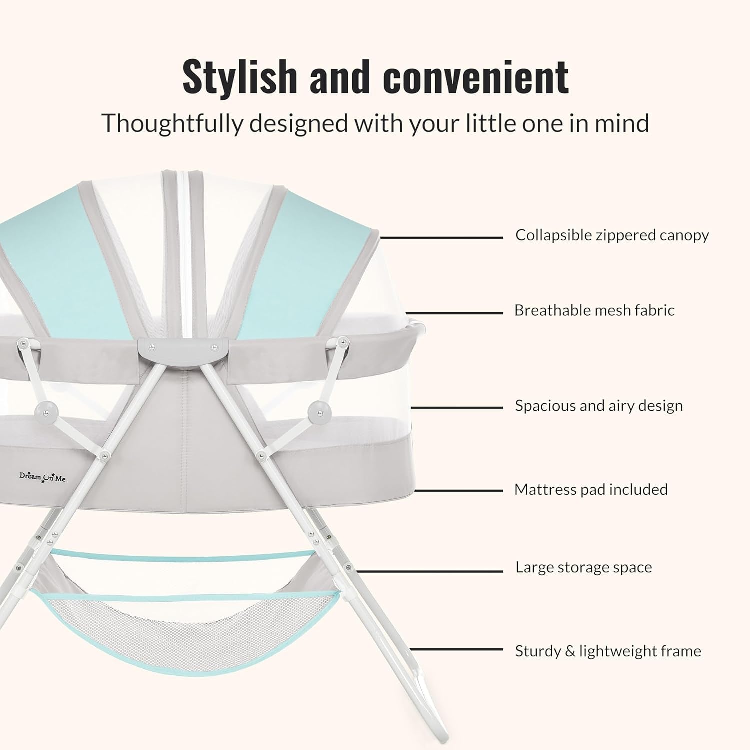 Karley Bassinet, Award Winner Lightweight Travel Baby Bassinet, Foldable Bedside Sleeper, Adjustable Double Canopy, Spacious Design, Soft Fabric, Storage Basket – Blue and Grey
