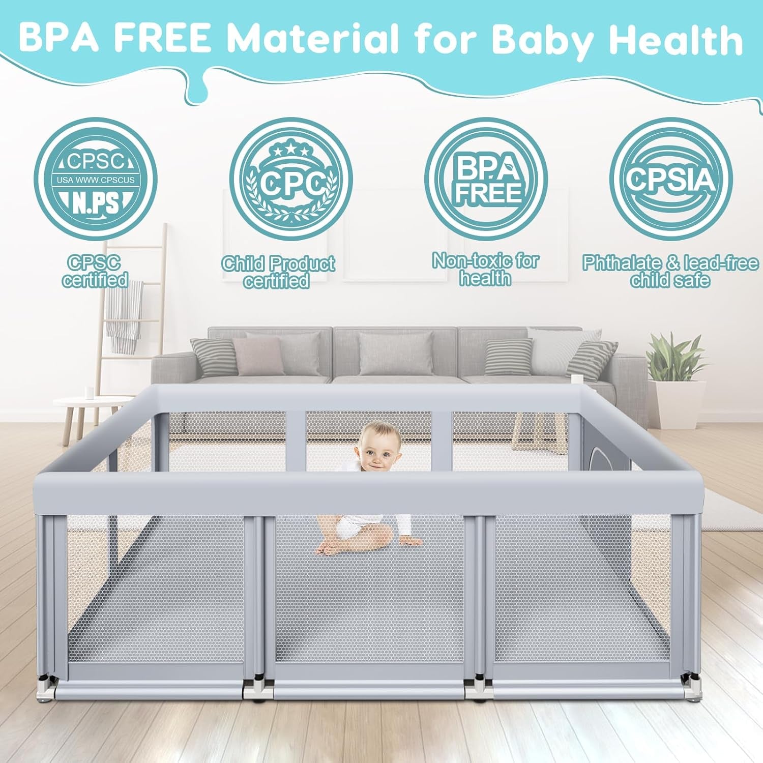 74" ×50" Large Baby Playpen, Baby Playard for Babies and Toddlers, Baby Fence Play Pens for Indoor & Outdoor, Sturdy Safety Play Yard with Soft Breathable Mesh, Anti-Fall, Grey