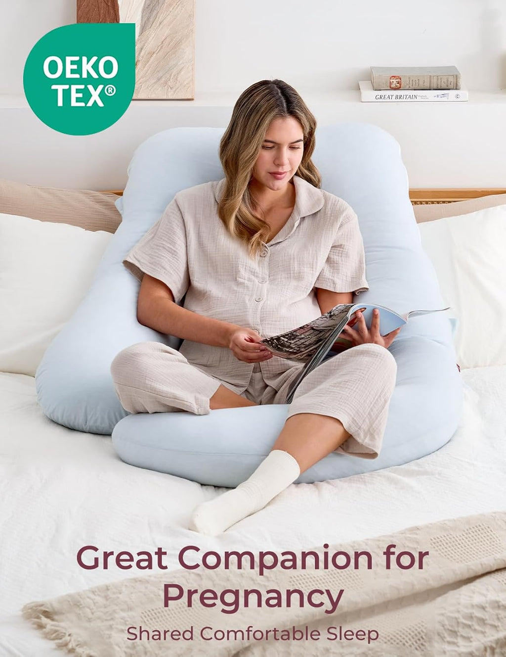 Pregnancy Pillows for Sleeping, U Shaped Full Body Pillow 57 Inch for Pregnant Women with Back, Hip, Leg, Belly Support, Washable Jersey Cotton Cover Included, Light Blue