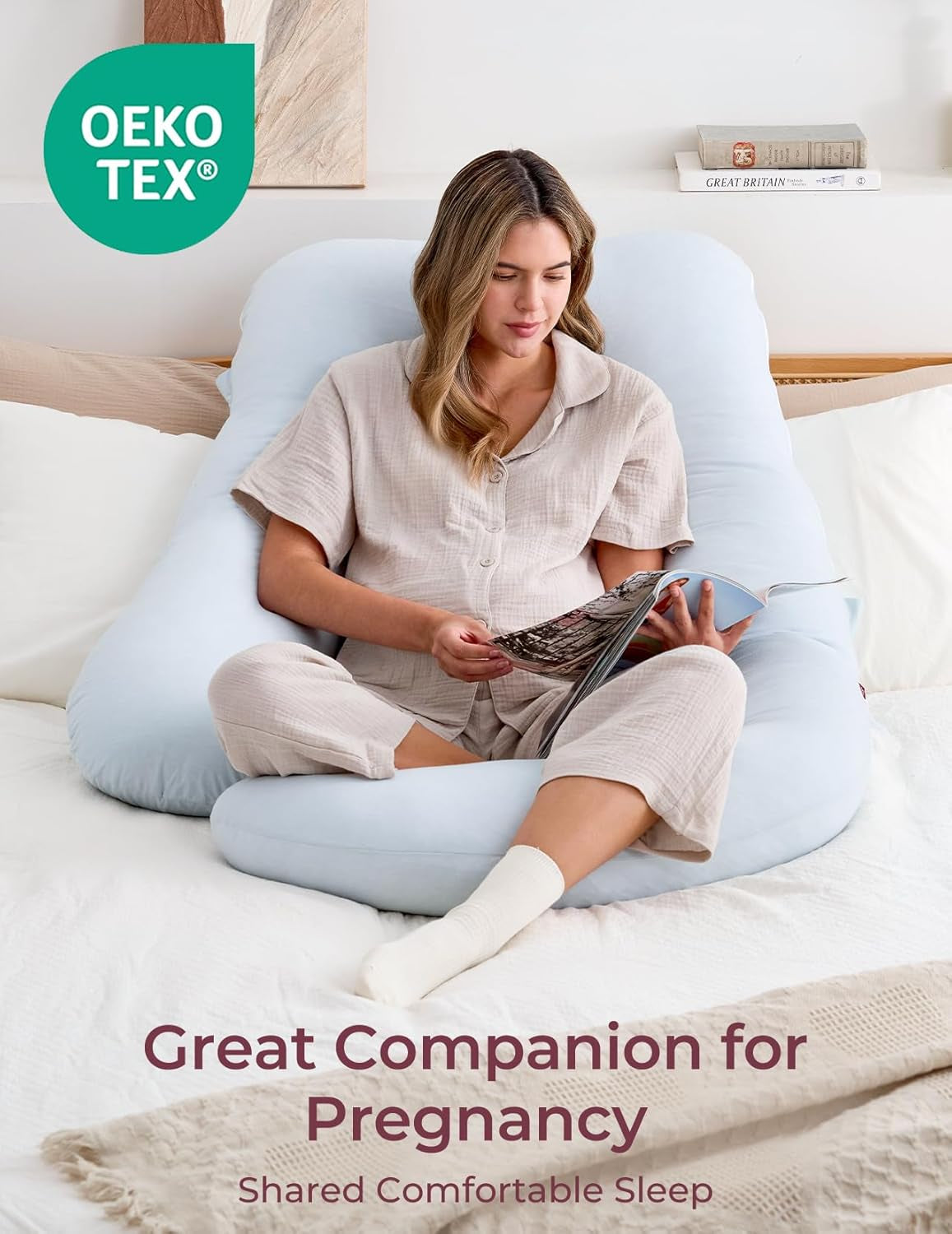 Pregnancy Pillows for Sleeping, U Shaped Full Body Pillow 57 Inch for Pregnant Women with Back, Hip, Leg, Belly Support, Washable Jersey Cotton Cover Included, Light Blue