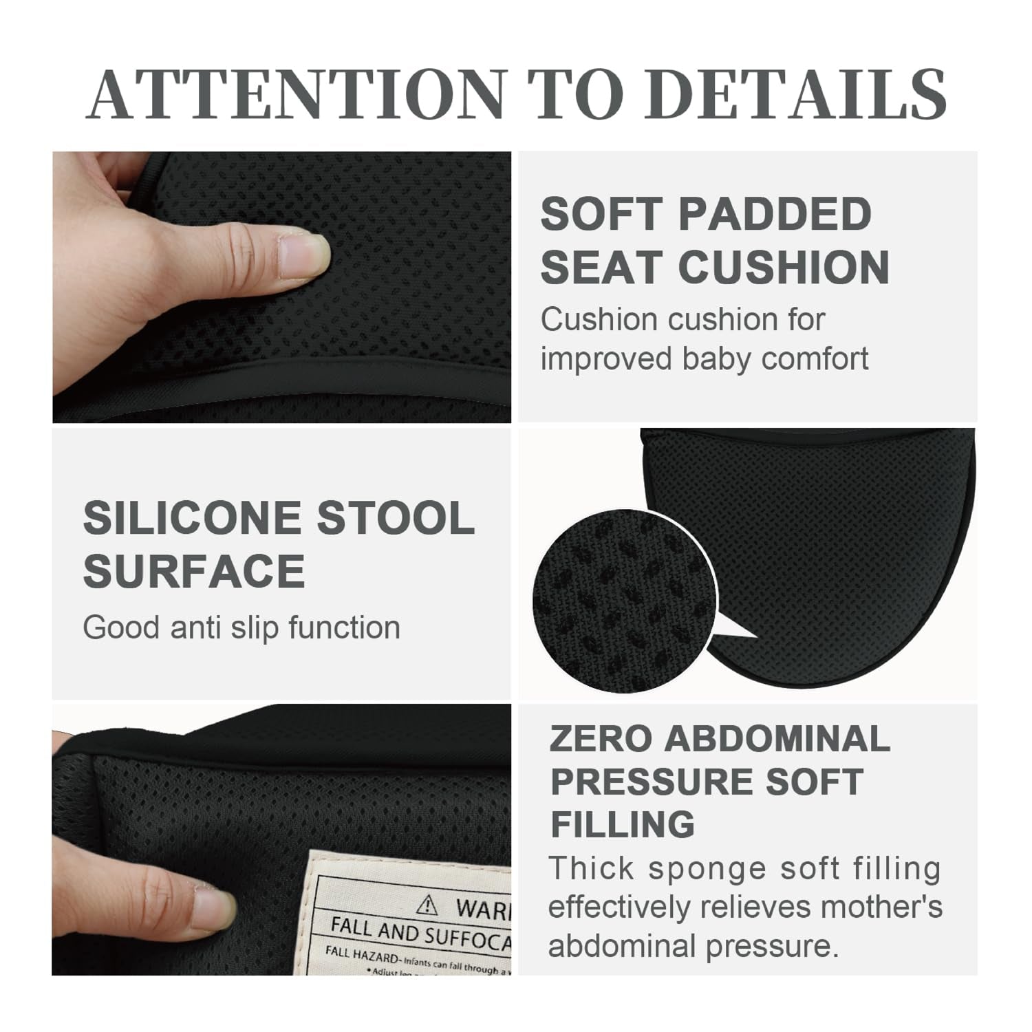 Baby Carrier with Hip Seat, 6-In-1 Baby Carrier Newborn to Toddler, Adjustable Detachable Infant Baby Hip Seat Carrier for 0-36Months (Black)