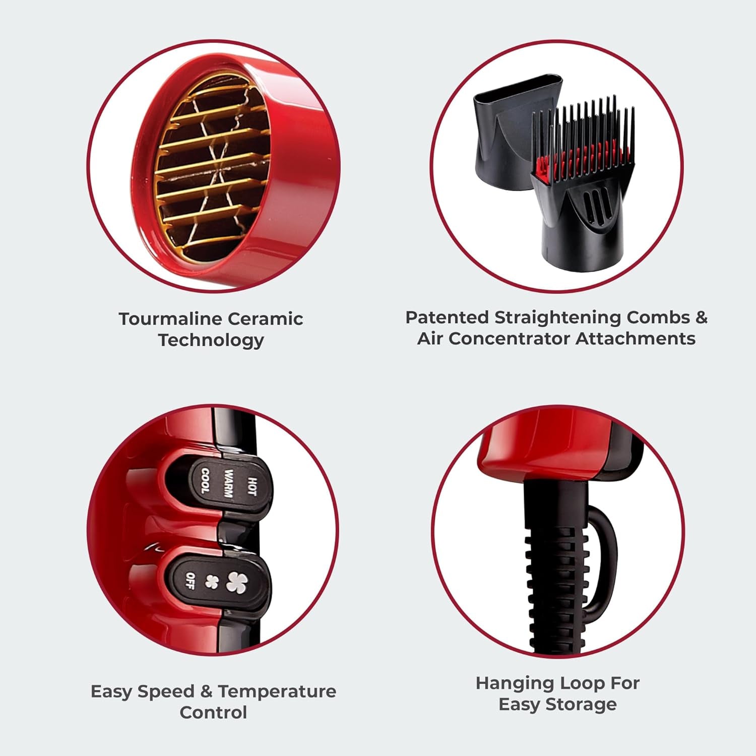 1875W Pro Tourmaline Ceramic Hair Dryer – Red