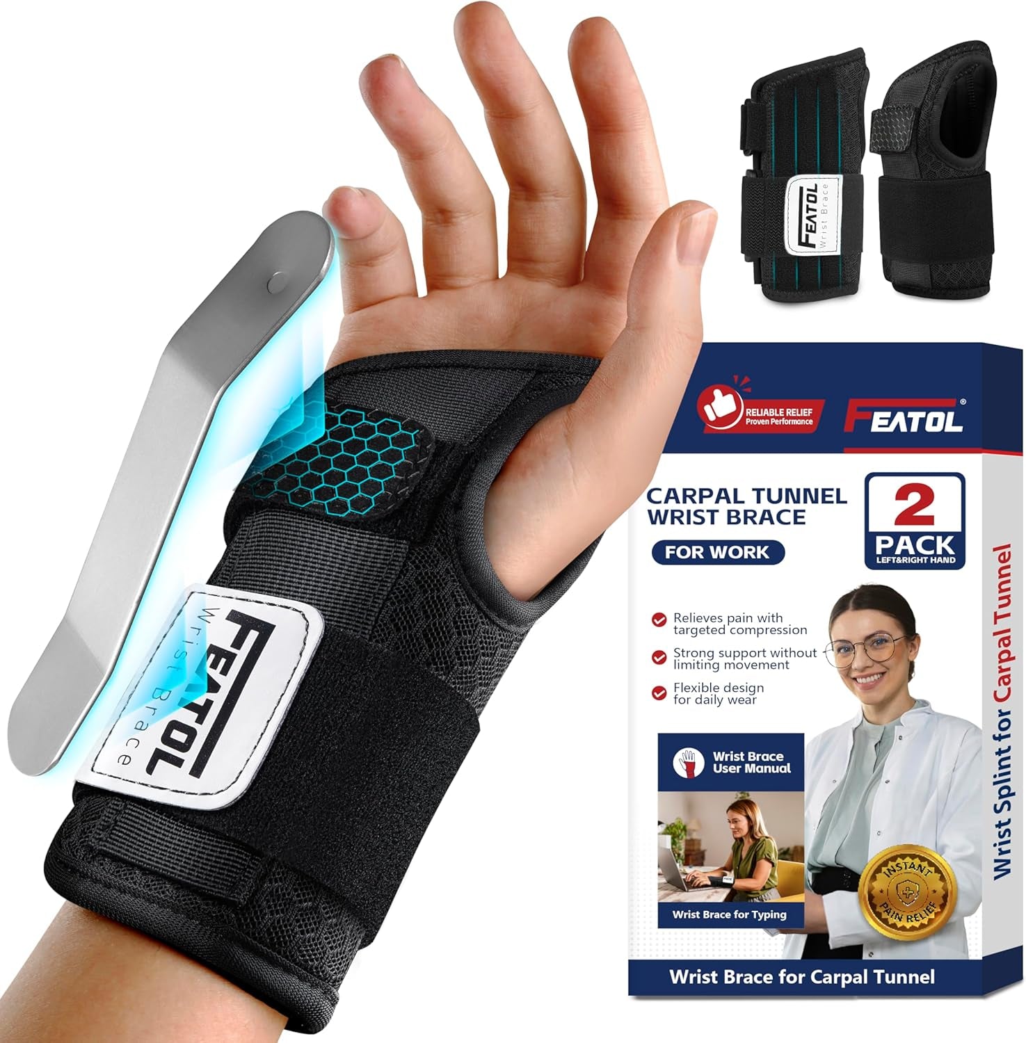 2-Pack Carpal Tunnel Wrist Brace – Pain Relief