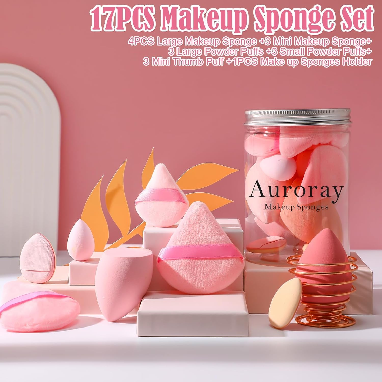 17PCS Makeup Sponge & Puff Set – Pink