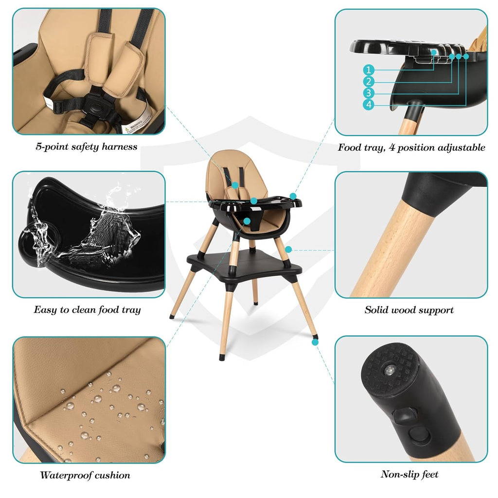 6 in 1 High Chair for Babies & Toddlers, Convertible Wooden Baby Highchair, Table and Chair Set, Baby Feeding Chair, 5-Point Adjustable Harness/4-Position Removable Tray& PU Seat Cushion (Black)