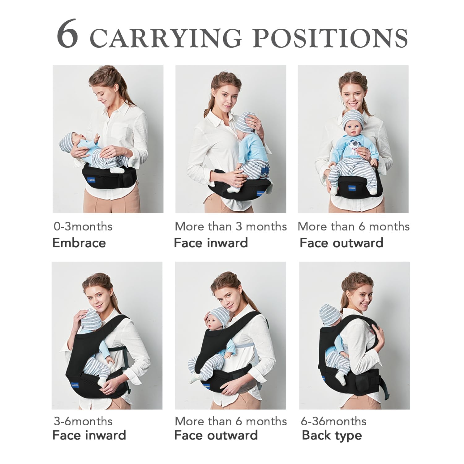 Baby Carrier with Hip Seat, 6-In-1 Baby Carrier Newborn to Toddler, Adjustable Detachable Infant Baby Hip Seat Carrier for 0-36Months (Black)