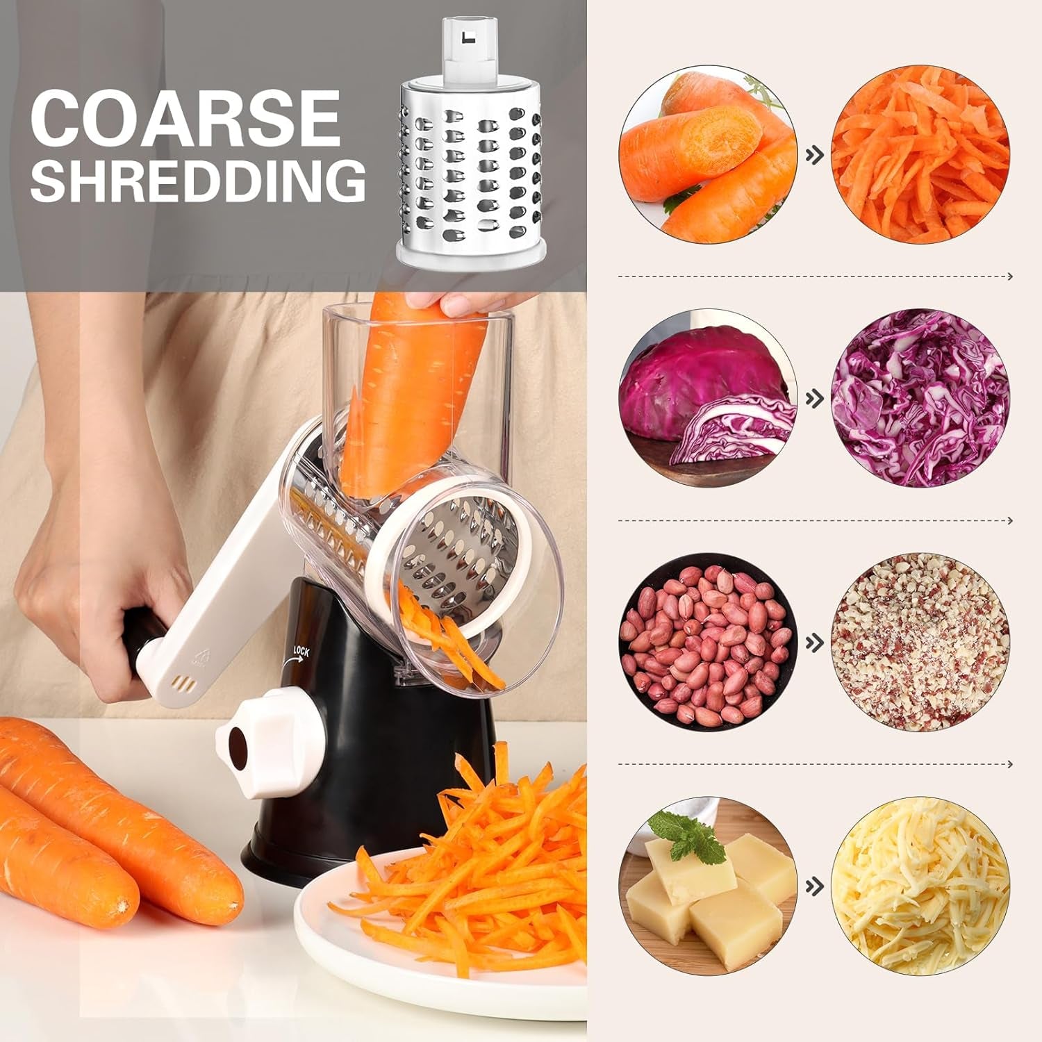 Rotary Hand Crank Cheese Grater with 3 Blades