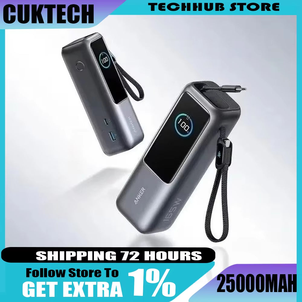 Anker Zolo 25,000mAh Power Bank with 165W Max Fast Charge and Retractable Cables for Mobile Devices and Laptops