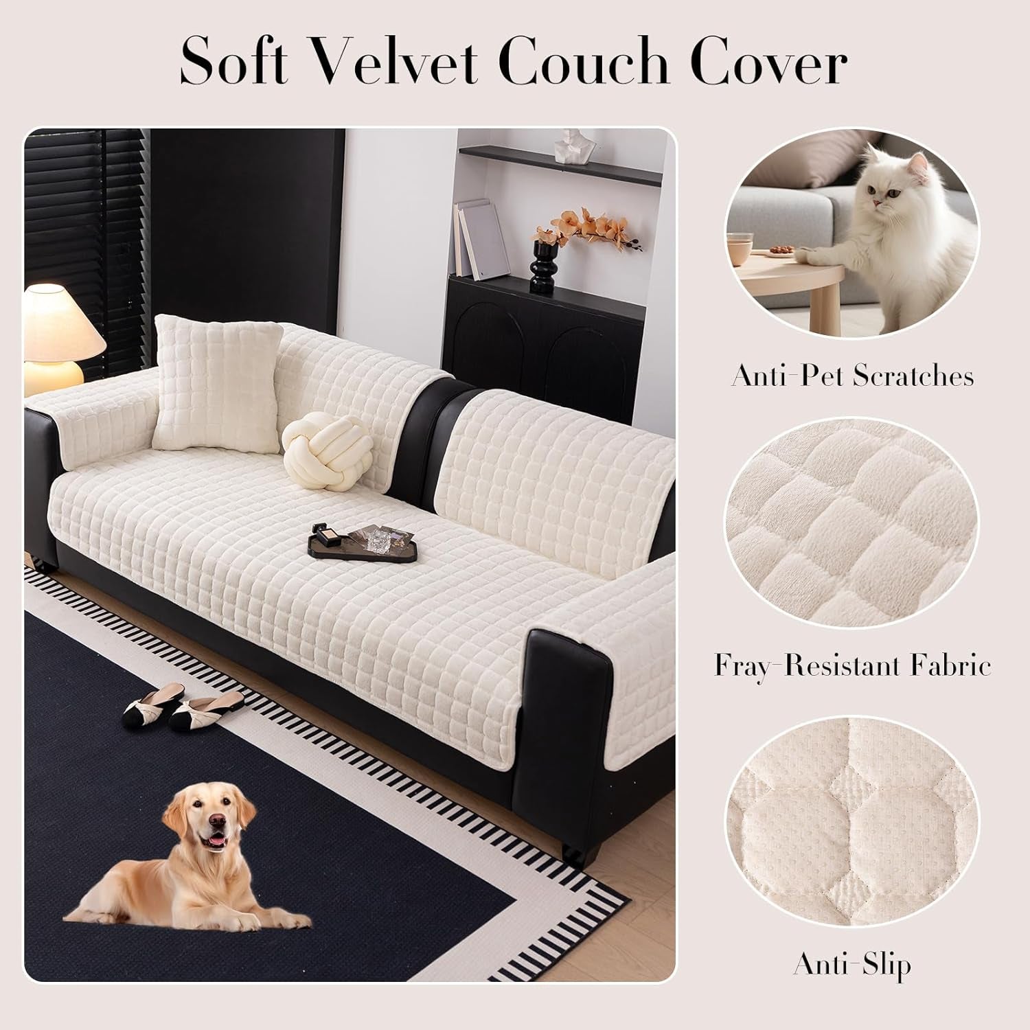 Velvet Sofa Cover – 36×63", Beige White