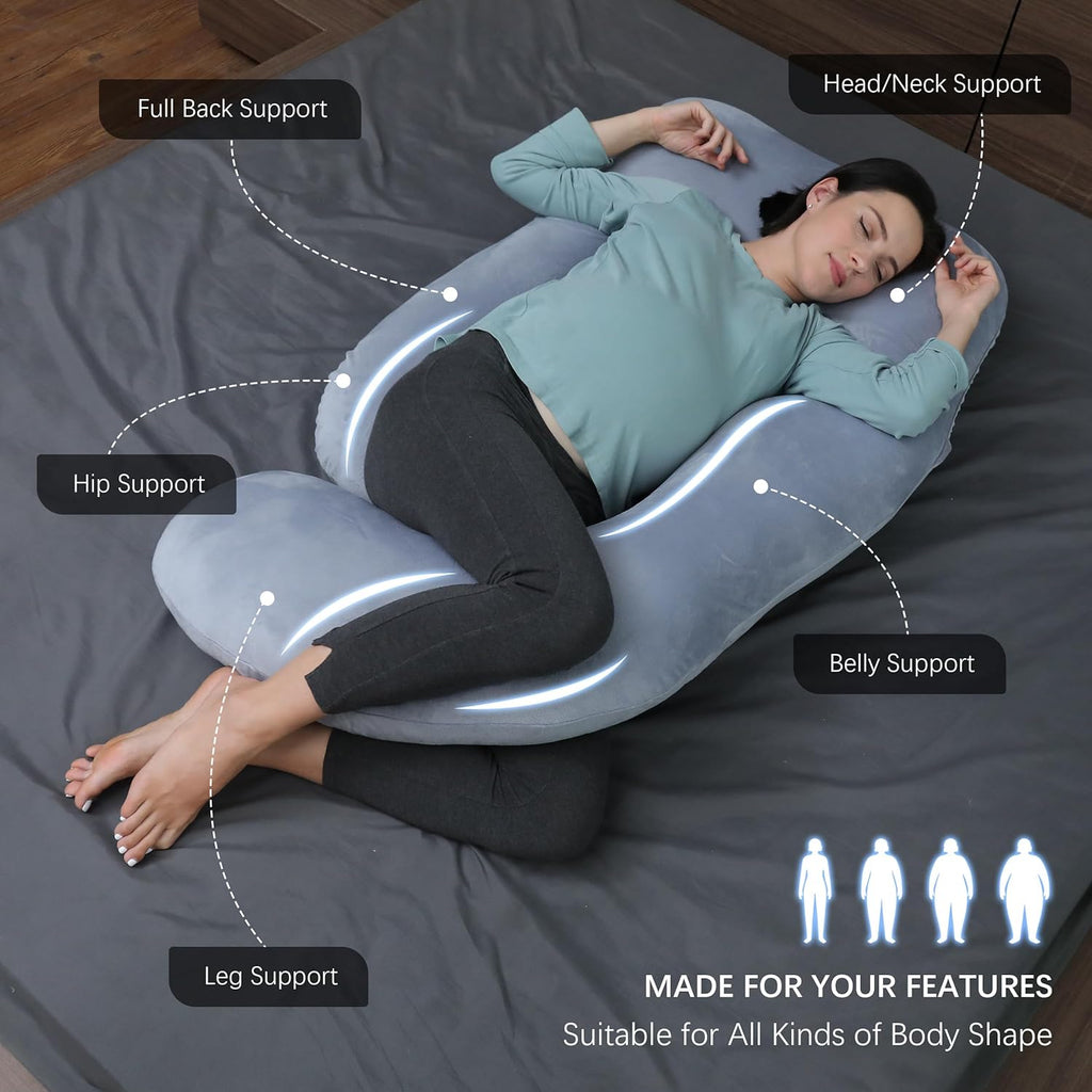 Pregnancy Pillows for Sleeping - 57 Inch U Shaped Full Body Maternity Pillow with Removable Cover - Support for Back, Legs, Belly, Hips - Pregnancy Pillow for Women - Grey