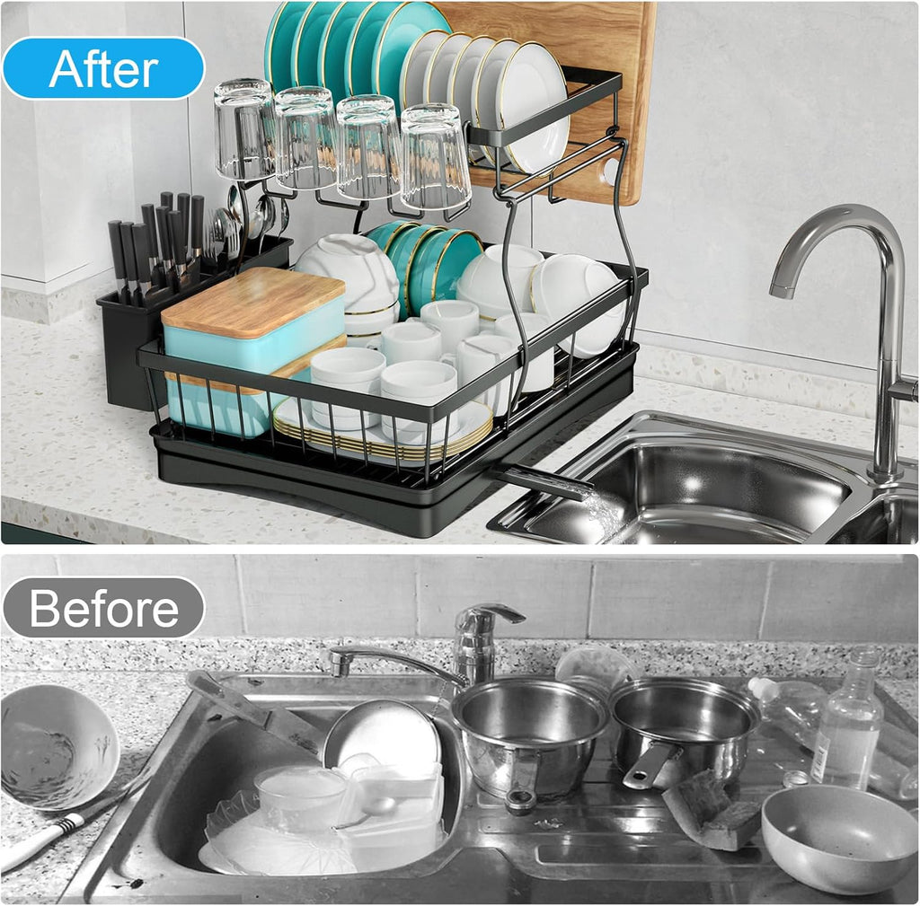 2-Tier Large Dish Drying Rack with Utensil Holder