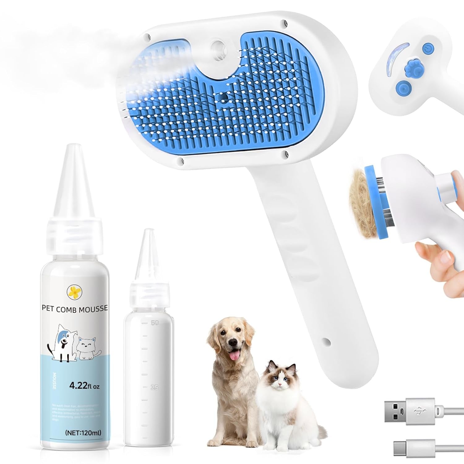 3-in-1 Pet Steam Grooming Brush – Blue