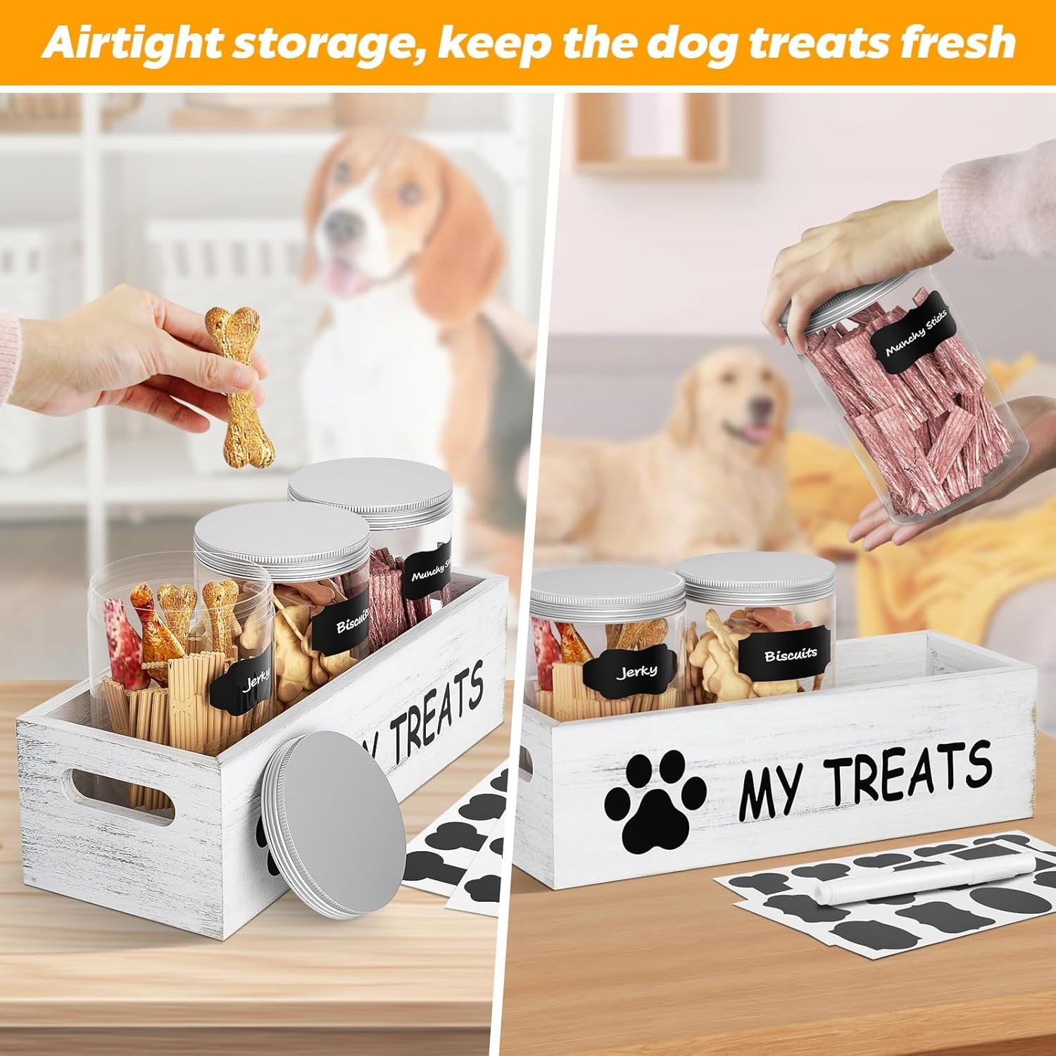 Dog Treat Storage with 3 Airtight Jars