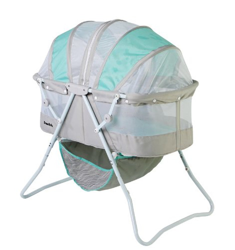 Karley Bassinet, Award Winner Lightweight Travel Baby Bassinet, Foldable Bedside Sleeper, Adjustable Double Canopy, Spacious Design, Soft Fabric, Storage Basket – Blue and Grey