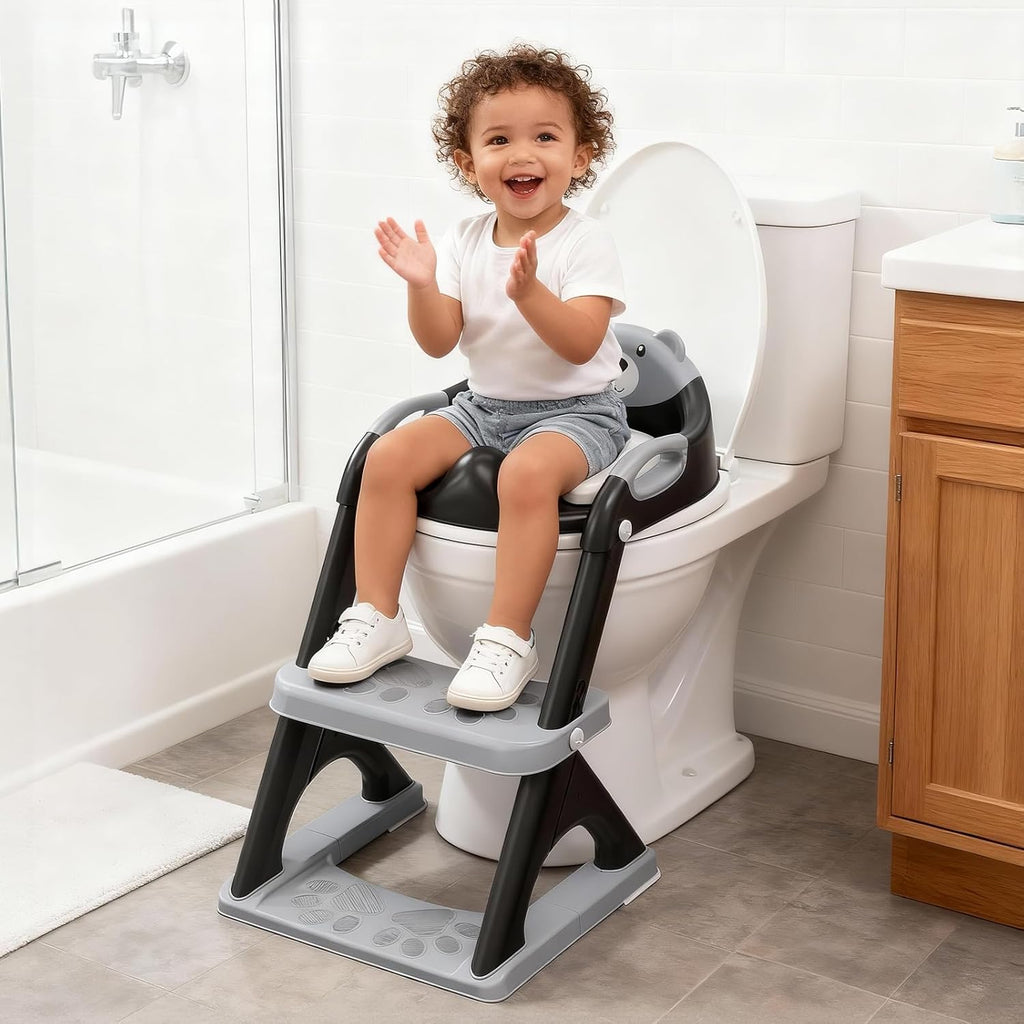 Potty Training Seat ， Potty Training Toilet with Step Stool Ladder, for Kids Boys Girls Toddlers - Comfortable Safe Potty Seat with Anti-Slip Pads Ladder (8898 Black)