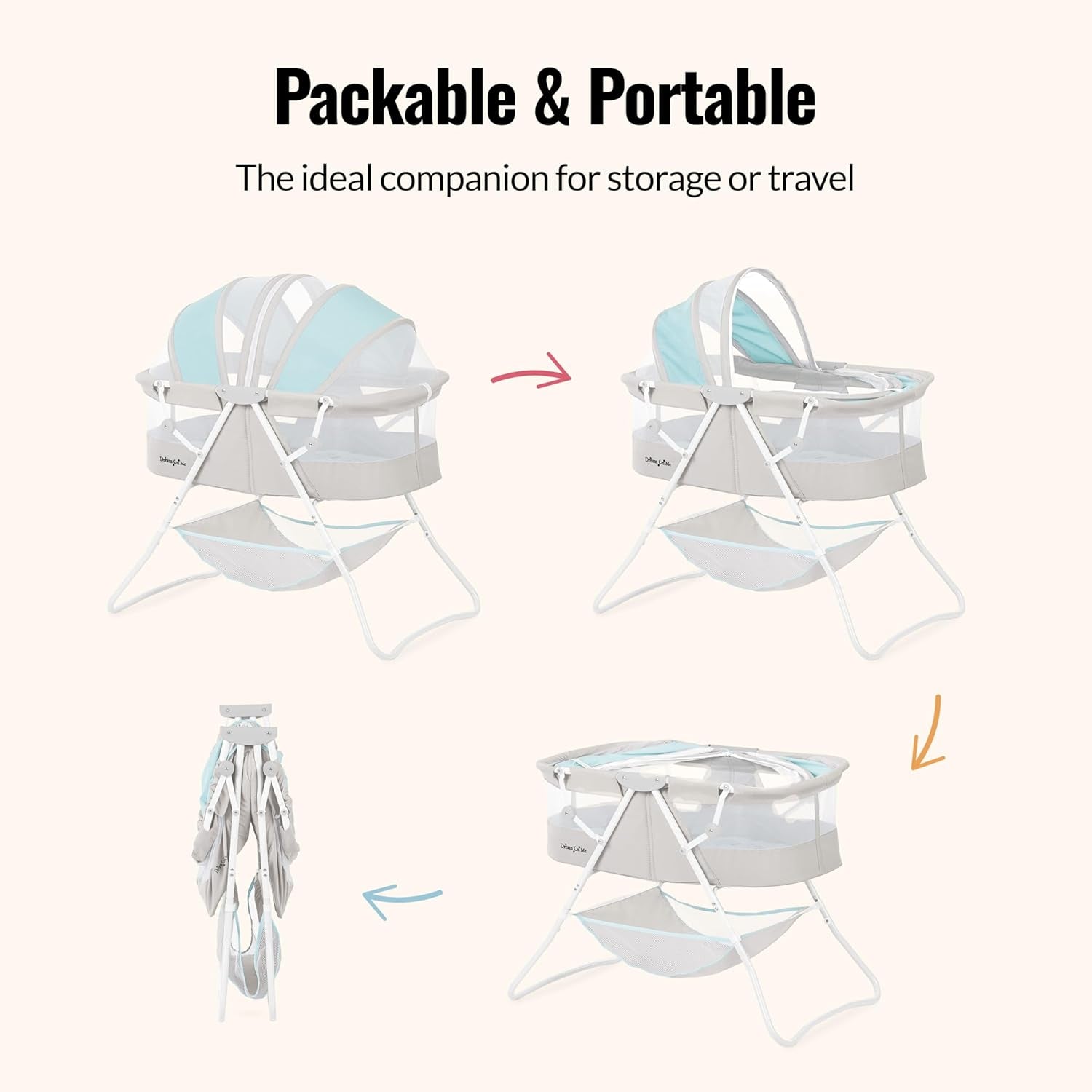 Karley Bassinet, Award Winner Lightweight Travel Baby Bassinet, Foldable Bedside Sleeper, Adjustable Double Canopy, Spacious Design, Soft Fabric, Storage Basket – Blue and Grey