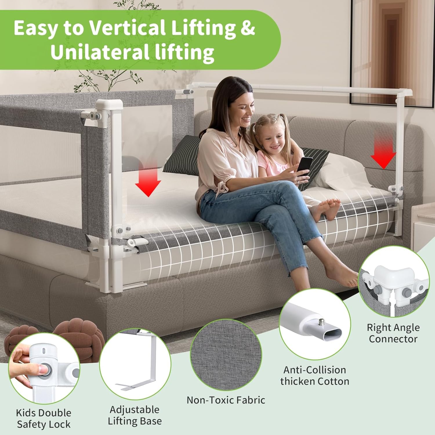 3-Piece King Size Bed Rail for Toddlers - Adjustable Baby Bed Rail Guard, Kids Safety Bed Rail for King Size Bed (78.7"X78.7"X74.8"-Grey)