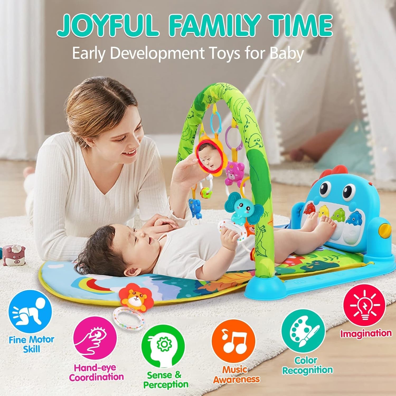 Baby Gym Play Mats Baby Tummy Time Mat Musical Activity Center for Newborn Infant Piano Babies Play Mat Music & Light Newborn Infant Gifts for Babies 0-3 6 9 12 Months Dinosaur Style