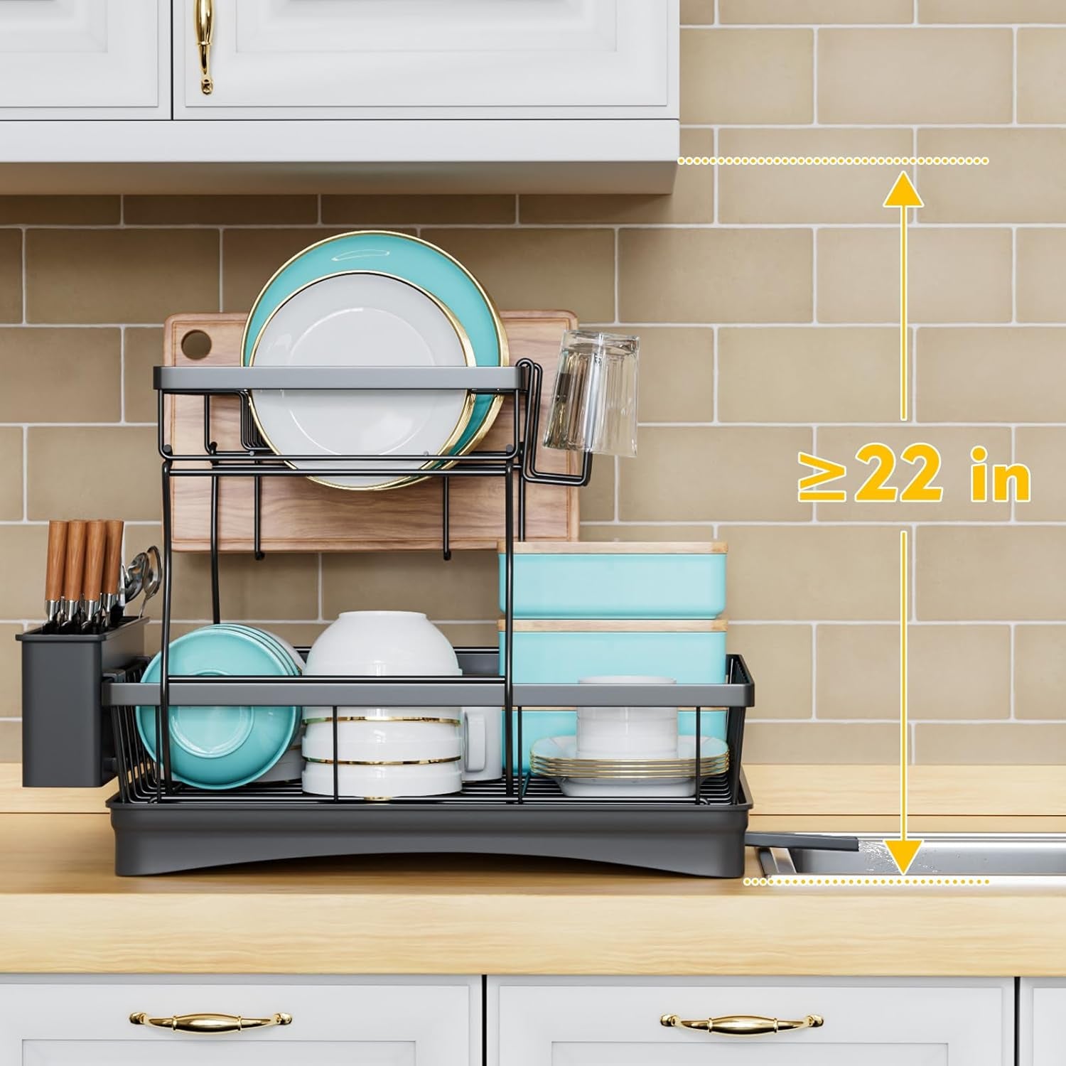 2-Tier Large Dish Drying Rack with Utensil Holder