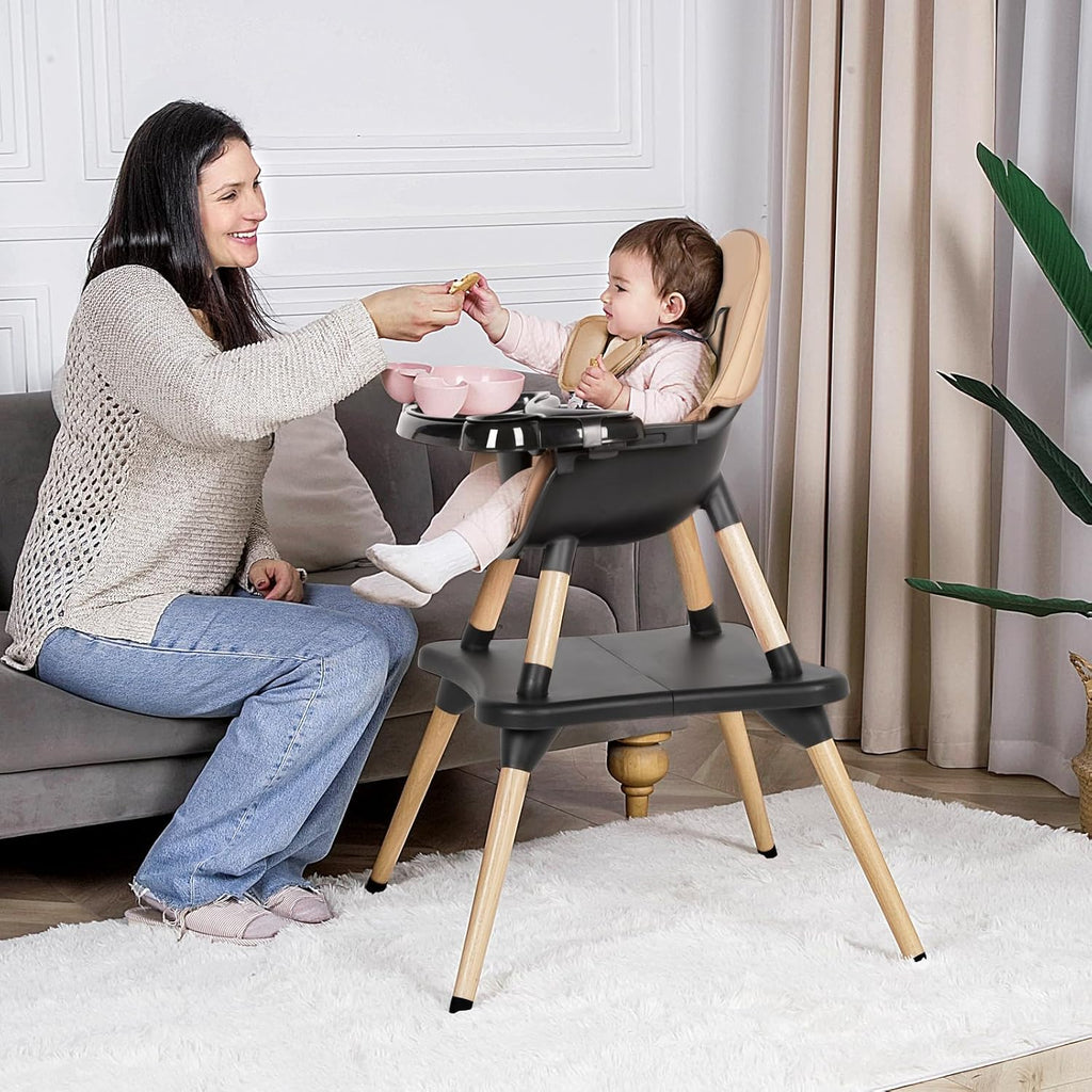 6 in 1 High Chair for Babies & Toddlers, Convertible Wooden Baby Highchair, Table and Chair Set, Baby Feeding Chair, 5-Point Adjustable Harness/4-Position Removable Tray& PU Seat Cushion (Black)