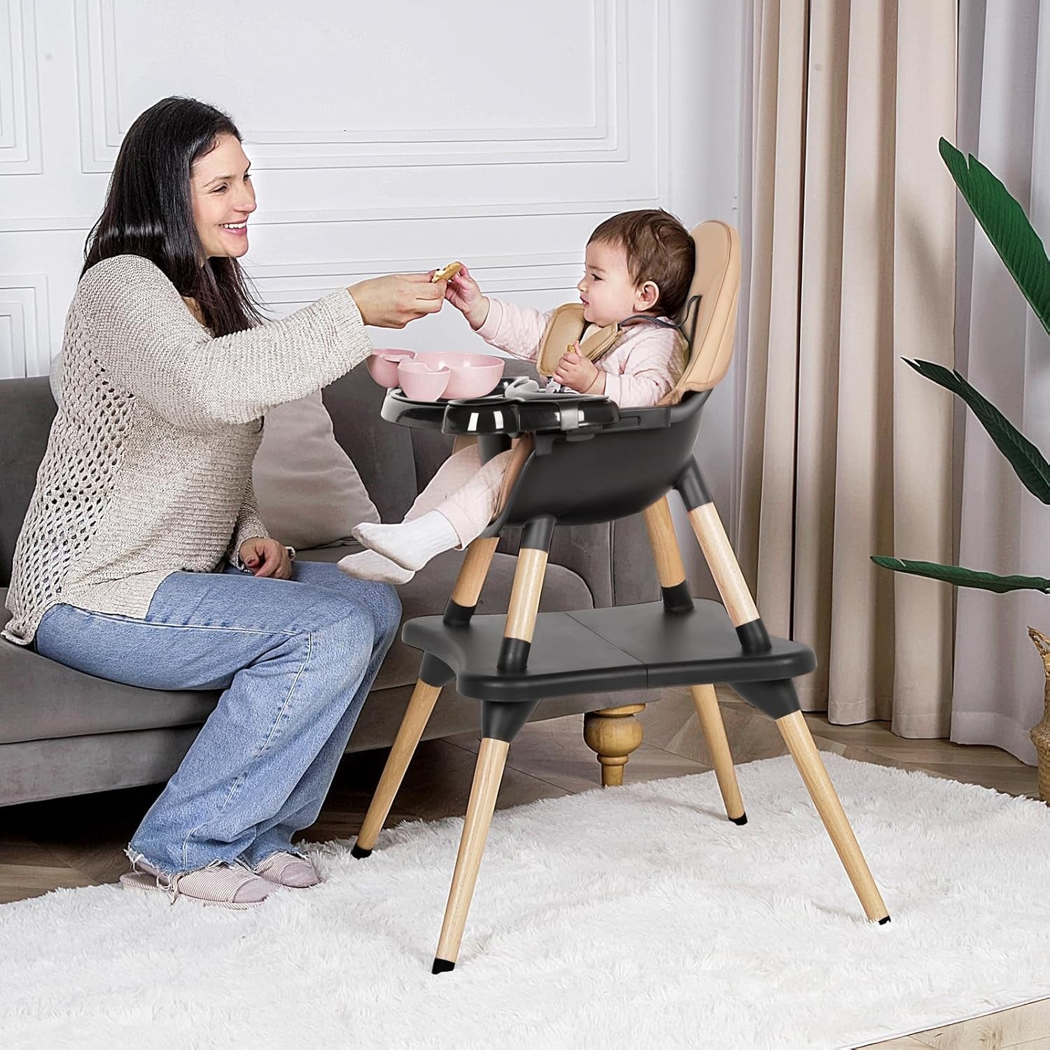 6 in 1 High Chair for Babies & Toddlers, Convertible Wooden Baby Highchair, Table and Chair Set, Baby Feeding Chair, 5-Point Adjustable Harness/4-Position Removable Tray& PU Seat Cushion (Black)