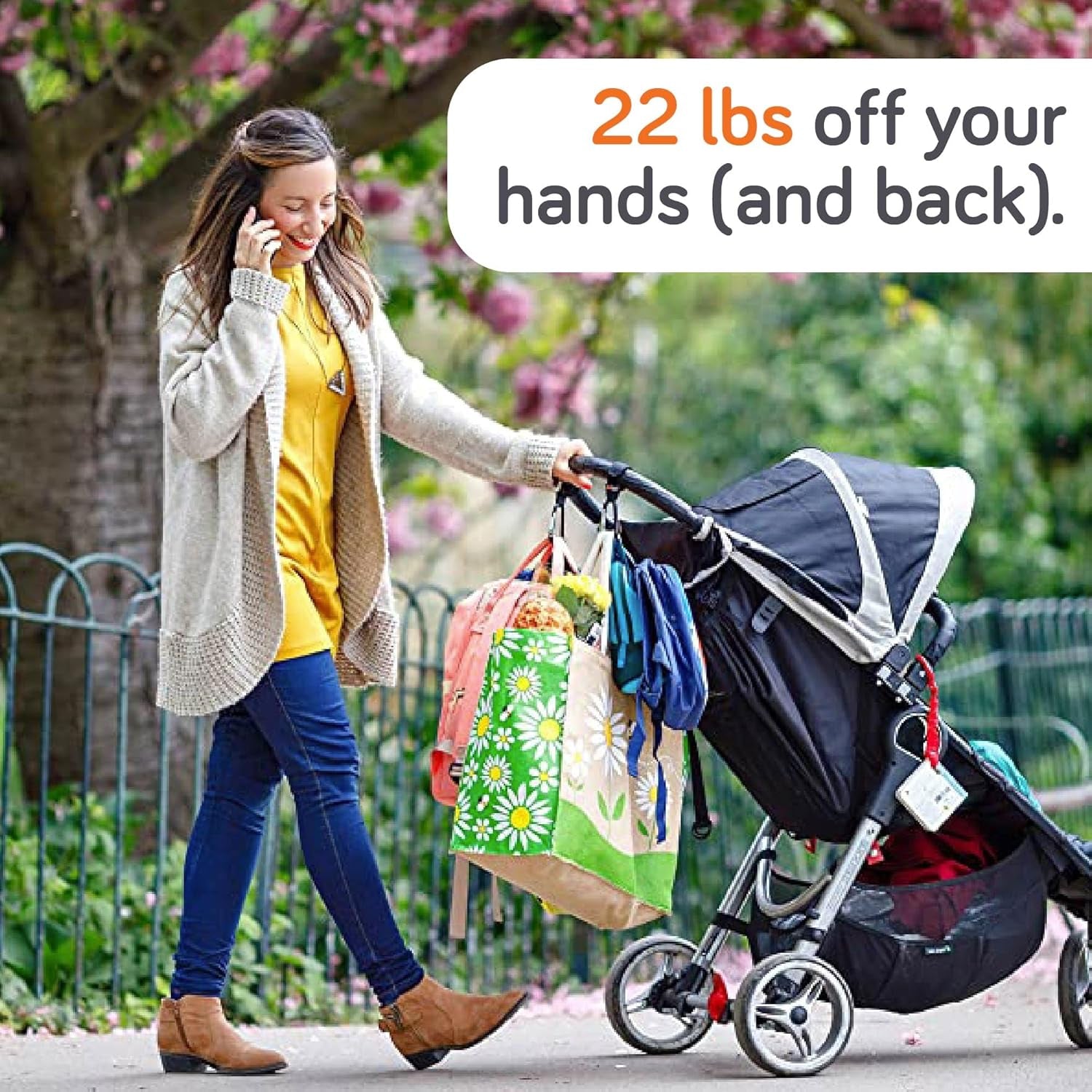 Stroller Hooks for Bags (2 Pack) - Universal Stroller Clips and Hooks, Non-Slip with One-Hand Opening, 11 Lb Weight Capacity, Baby Travel Essential