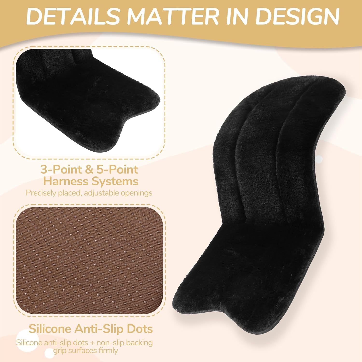 Stroller Seat Liner Faux Fur Car Seat Cushion - Universal 5-Point Harness Pad with Safety Slots Fit 29.5" X 14.2" Winter Warm Plush Pad for Strollers