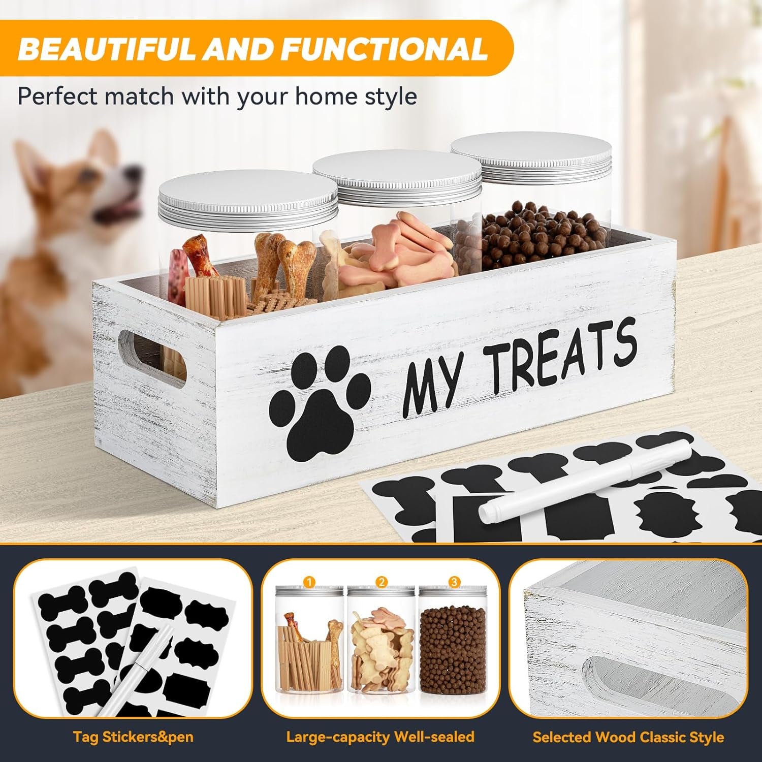 Dog Treat Storage with 3 Airtight Jars