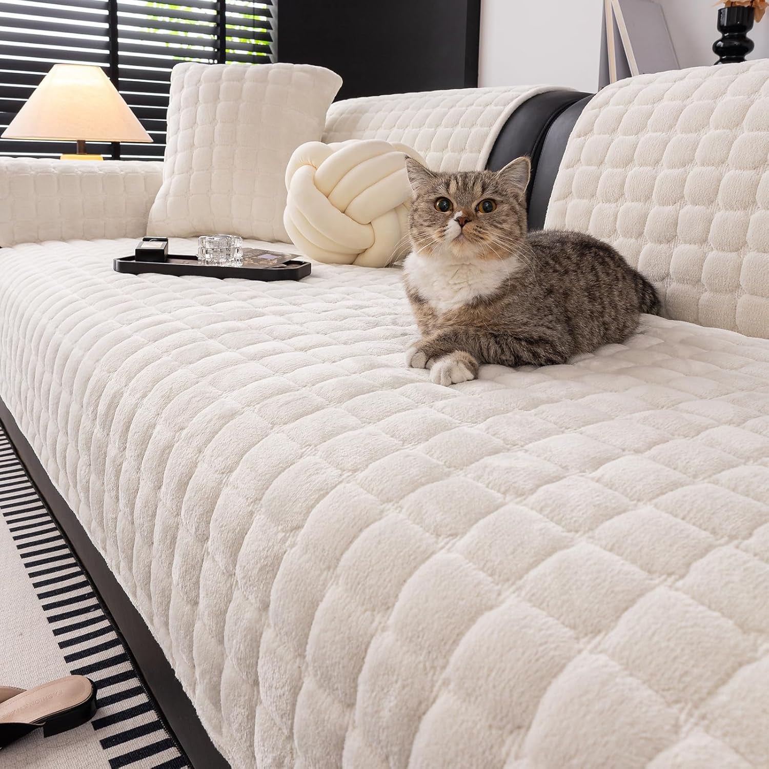 Velvet Sofa Cover – 36×63", Beige White