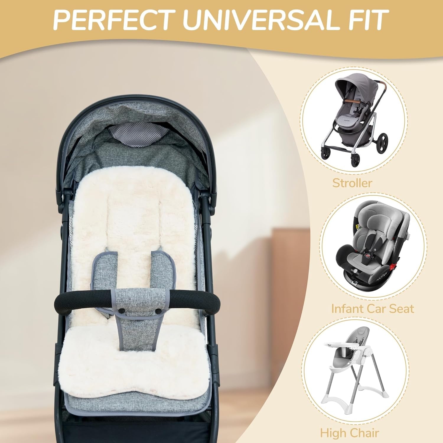 Stroller Seat Liner Faux Fur Car Seat Cushion - Universal 5-Point Harness Pad with Safety Slots Fit 29.5" X 14.2" Winter Warm Plush Pad for Strollers