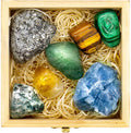Abundance and Prosperity Healing Crystals, 100% Authentic, Wooden Gift Box + 50Pg EBOOK- Malachite, Pyrite, Citrine, Aventurine, Blue Calcite, Tree Agate, Tiger Eye + Info Guide, Made in USA