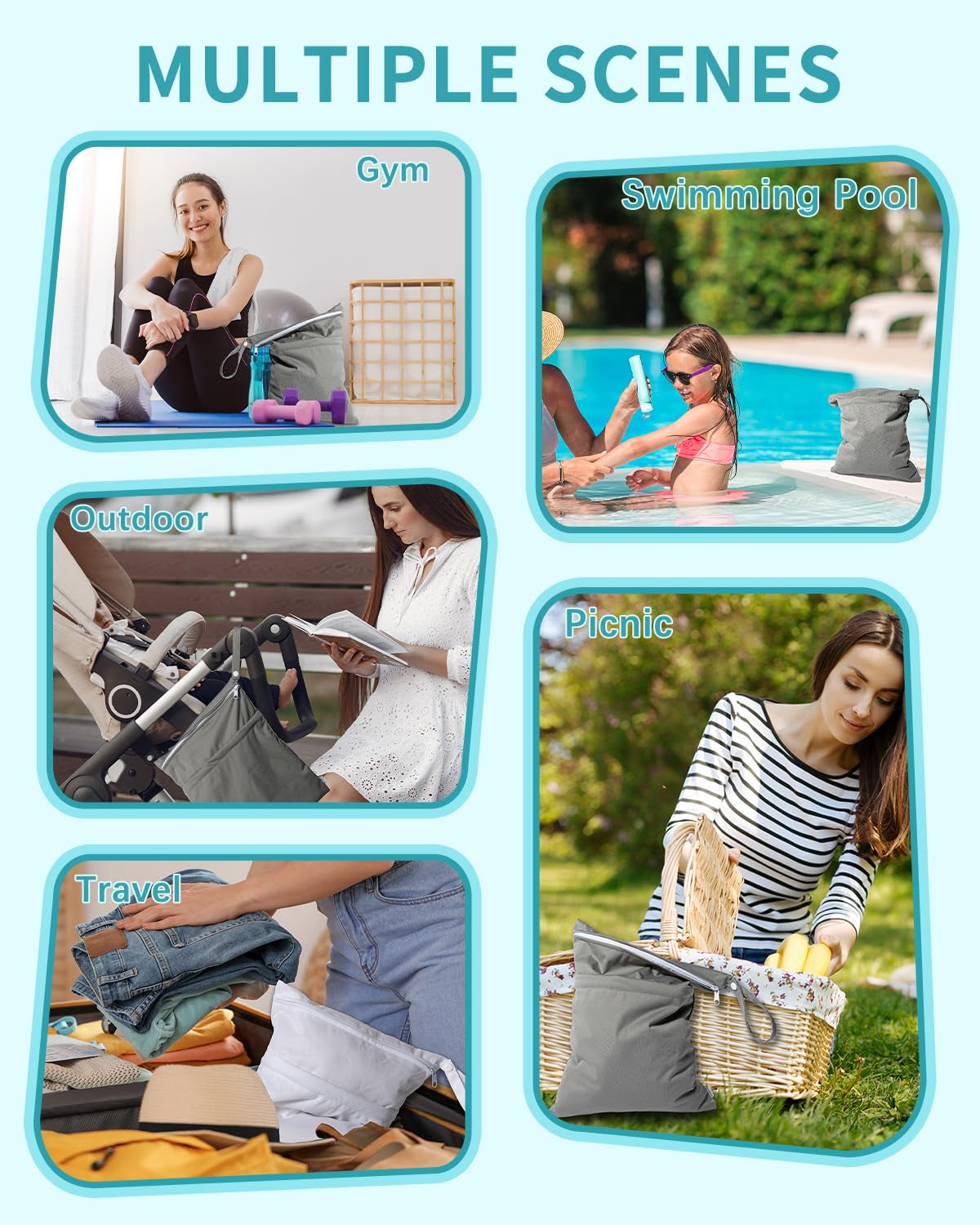 Wet Dry Bags 3 Pack, Waterproof Reusable Travel Bags for Swimsuits, Baby Cloth Diapers, Beach, Pool, Gym Bag & Wet Clothes with 2 Pockets L-BWG