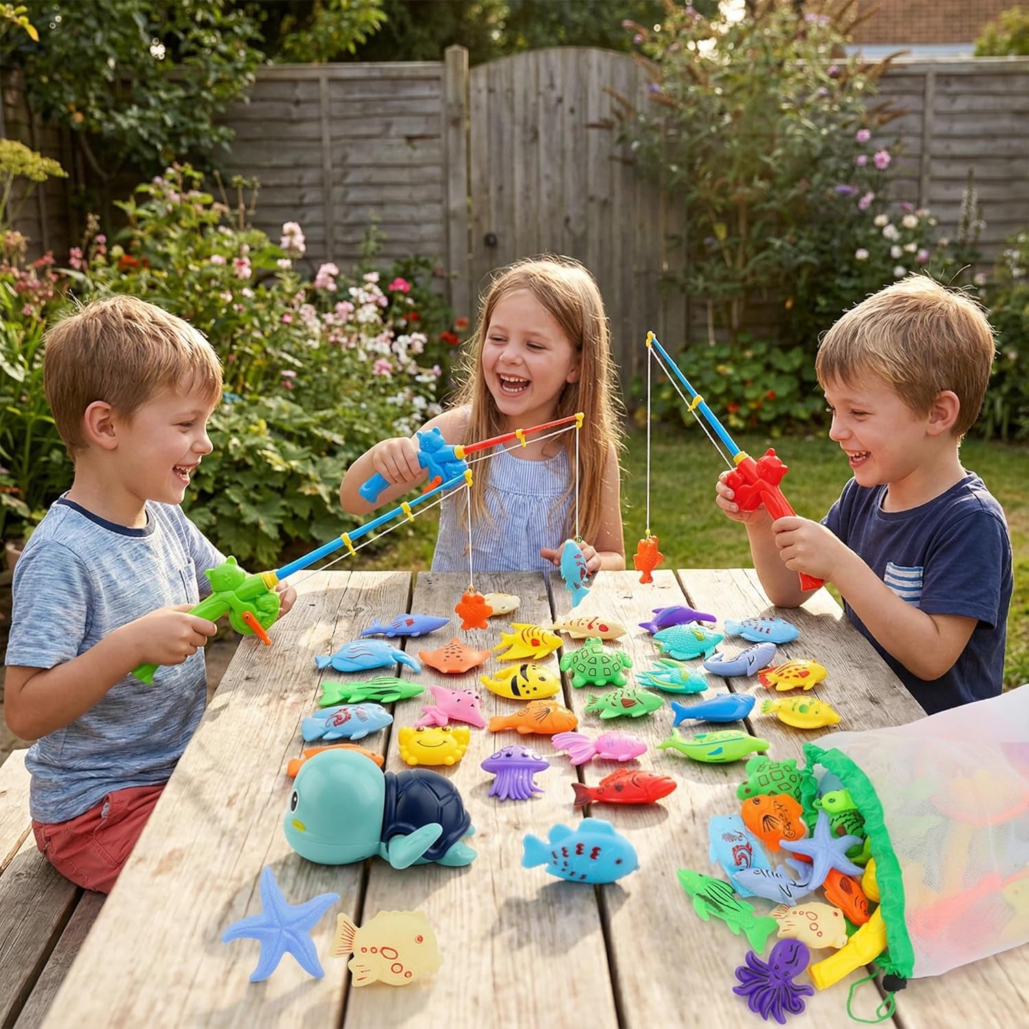 Magnetic Fishing Pool Toys Game, Water Table Bathtub Bath Toy - Pole Rod Floating Fish, Birthday Party Gifts for Toddler Age 3 4 5 6 Year Old, Kids Outdoor Toys