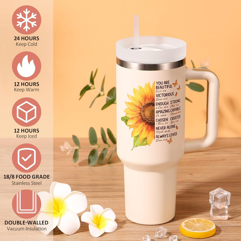 Christian Gifts for Women Faith, Religious Catholic Christmas Gifts for Women Mom Grandma Sister Coworker Inspirational Spiritual Sunflower Gift Birthday Gift for Woman with Makeup Bag 40 OZ Tumbler