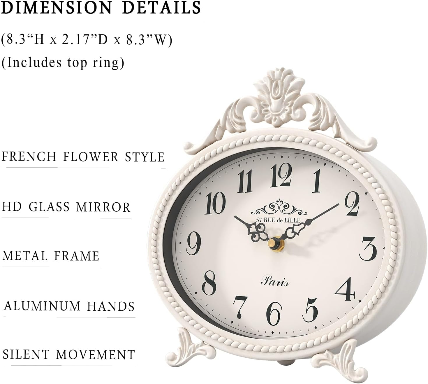 Vintage French-Style Table Clock – Antique White