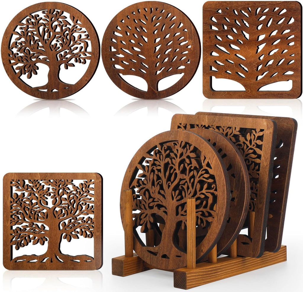 5 Pcs Tree Wooden Trivets Set for Hot Dishes Heat Resistant Pads Square Round