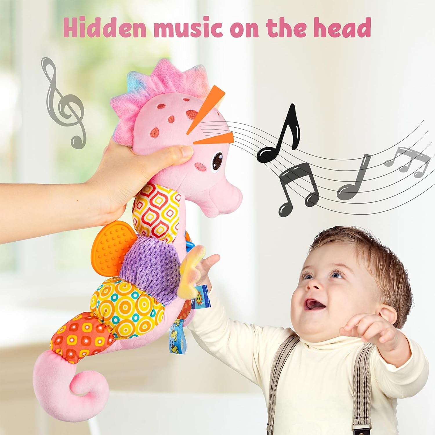 Baby Toys Musical Seahorse Stuffed Animals Infant Toys 0-6-12 Months with Mirror|Rattles|Crinkle|Baby Teething Toys,Sensory Toys for Tummy Time Newborn Boys Girls Birthday Gifts(Rose Pink)