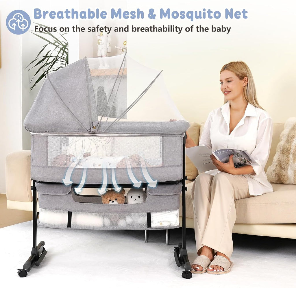 Baby Bassinet, 3 in 1 Bassinets Bedside Sleeper, Adjustable Height Bedside Sleeper with Rocking Mode, Breathable Mesh, Storage Basket, Wheels, Easy Assemble & Folding (Gray)