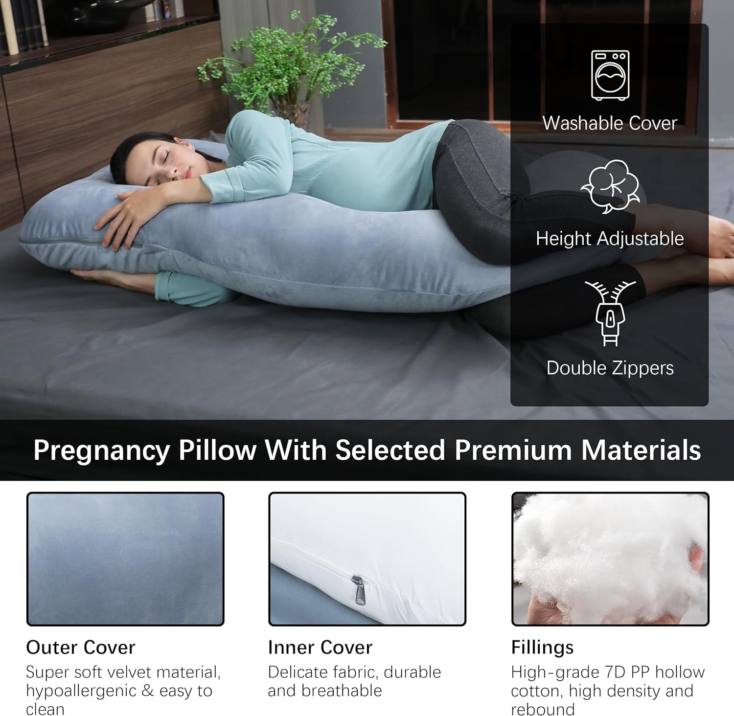 Pregnancy Pillows for Sleeping - 57 Inch U Shaped Full Body Maternity Pillow with Removable Cover - Support for Back, Legs, Belly, Hips - Pregnancy Pillow for Women - Grey