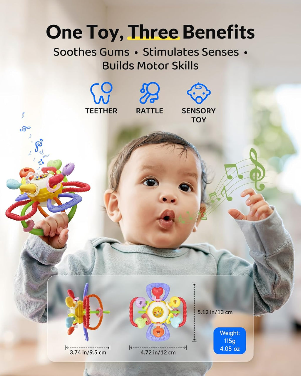Baby Montessori Sensory Teething Toy – Safe, Multi-Functional Bpa-Free Silicone Teether Toy for Babies 0-12 Months – Vibrant Rattle for Teething Relief & Fun Play – Perfect Baby Toys for Boys & Girls