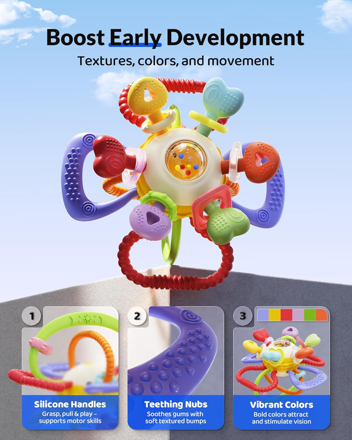Baby Montessori Sensory Teething Toy – Safe, Multi-Functional Bpa-Free Silicone Teether Toy for Babies 0-12 Months – Vibrant Rattle for Teething Relief & Fun Play – Perfect Baby Toys for Boys & Girls
