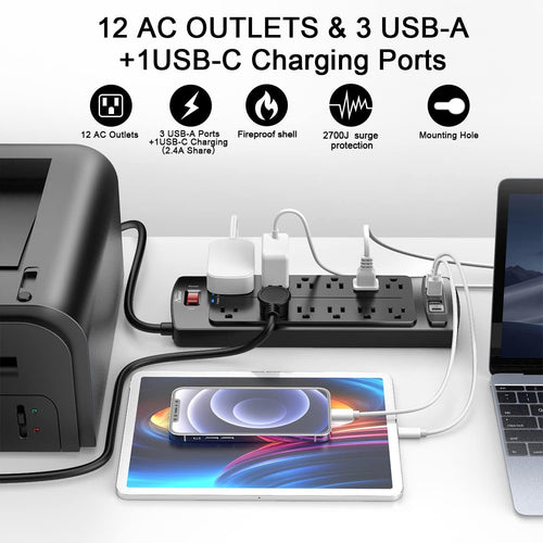 12-Outlet Surge Protector – 4 USB Ports, 6Ft