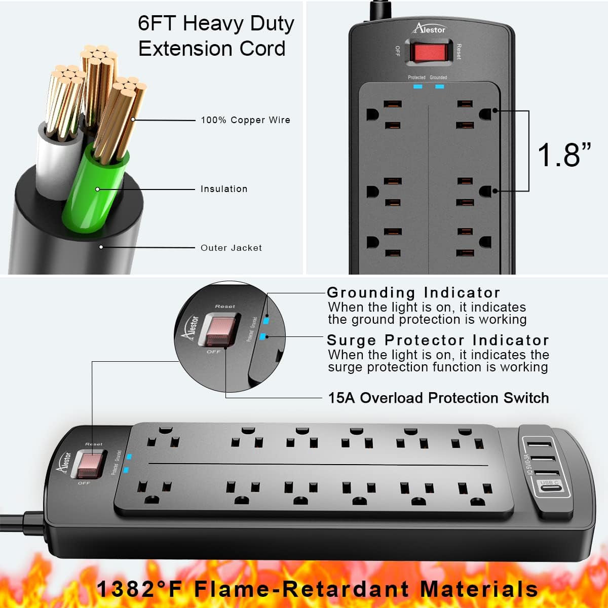 12-Outlet Surge Protector – 4 USB Ports, 6Ft