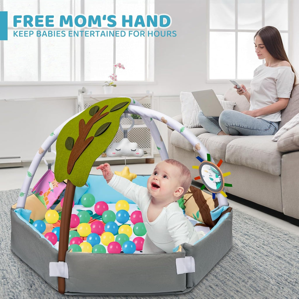 Baby Gym Play Mat, 8-In-1 Tummy Time Mat & Ball Pit with 6 Toys, Washable Baby Activity Play Mat for Visual, Hearing, Sensory, Motor Development, Baby Toys Gift for Toddler Infant 0-3-6-9-12 Month